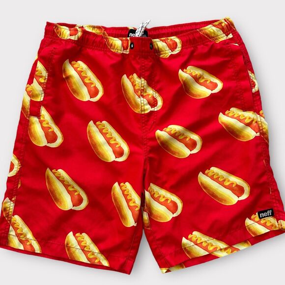 Men’s Swim Trunks Board Shorts NEFF Red Hotdog Print Size Small Swimwear - Picture 1 of 13